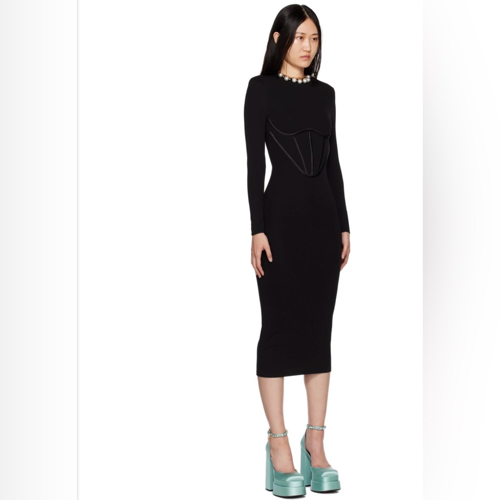 Versace Black Corset Waist Long Sleeve Bodycon Midi Dress IT 40 (US 4 - Picture 6 of 16